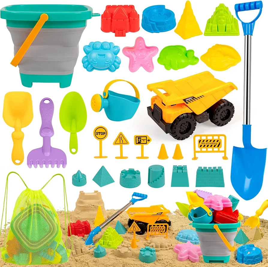 Kids Beach Sandbox Toys with Truck,Collapsible Sand Bucket, Big Stainless Steel Shovel Toy, Sand Castle Kit, Animal Molds, Shell Mesh Bag, Summer Travel Outdoor Toys for Boys Girls Age 3+