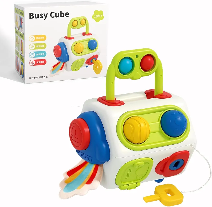 Busy Cube for Toddlers 1-3, Montessori Sensory Activities Busy Board - Baby Gifts for 6 to 18 Months 1 2 One Year Old Infant Boys Girls - Airplane Plane Car Travel Toys Educational Learning