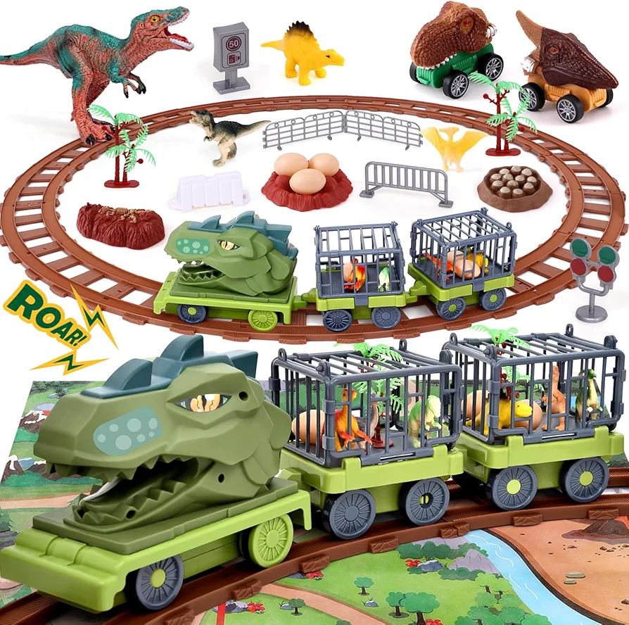 Dinosaur Toys Train Set for Kids Dinosaur Train Toy with Electric Locomotive & Track, 3 Pull Back Cars, Dino Eggs, Play Mat Birthday Christmas Train Toy Gifts for 3 4 5 6 7 8+ Year Old Kids