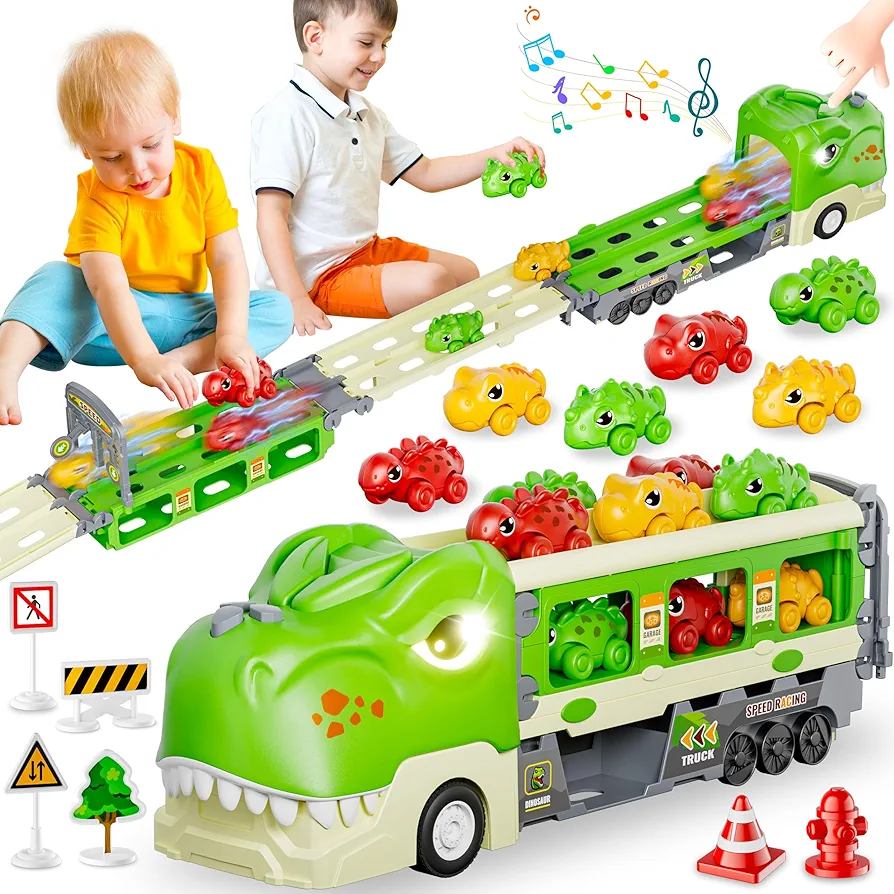 Dinosaur Truck Toys for 2 3 4 5 6 7 Year Boy Toddler, Foldable Track & 2 Player Race Mode, Light & Sound Transport Carrier W/ 6 Dino Car & 12 Accessories, Birthday Gift Idea for Kids Girls