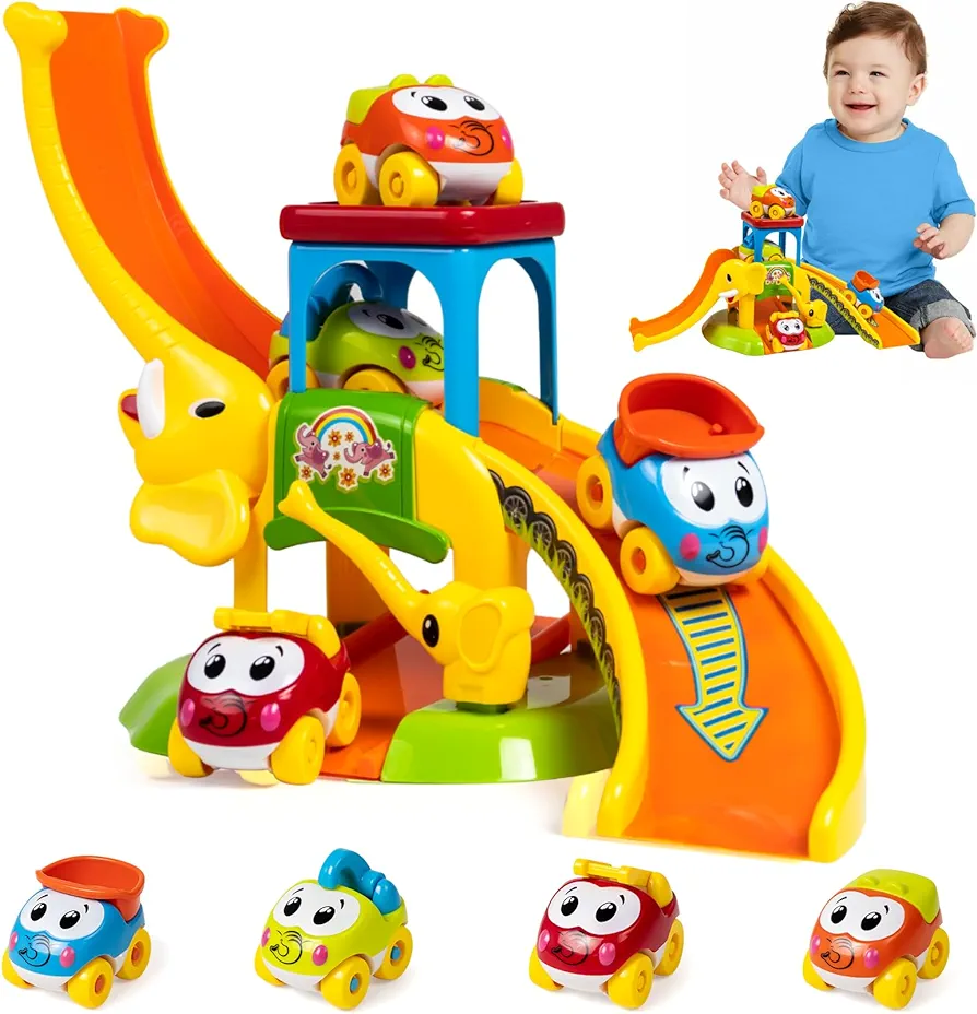 Toddler Toys for 1 2 3 Year Old Boys and Girls Birthday Gifts, Elephant Slide with 4 Animal Cars Learning Baby Toys 12-18 Months, Educational Toys for 1+ Year Old, Toddler Push Car Tracks Ages 1-2