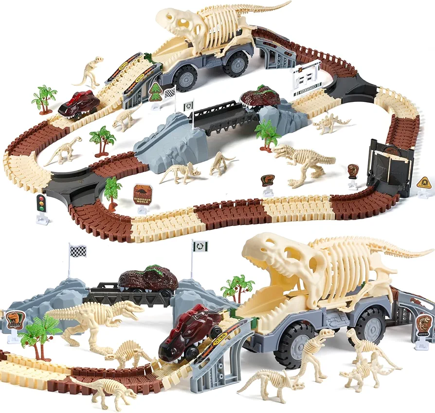 TUMAMA Dinosaur Toys Race Track, Dinosaur Fossil Theme Flexible Race Track Toy Set for Kids 3-5 5-7, Create Road Racing World for Toddlers and Kids