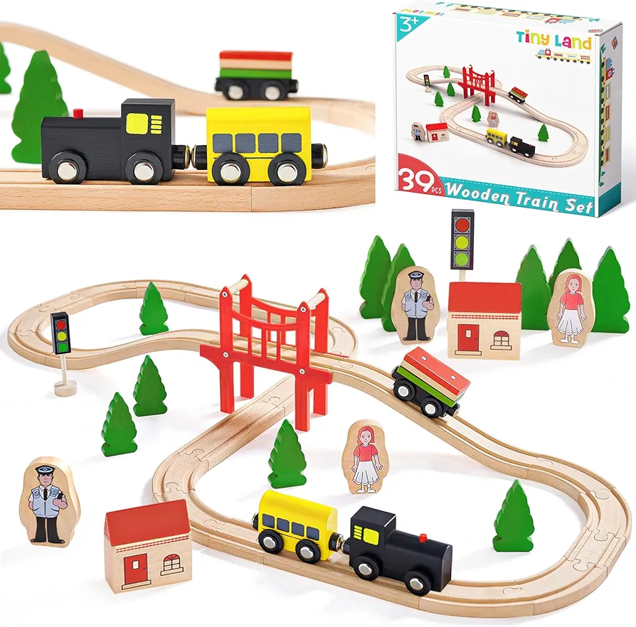 Tiny Land Wooden Train Set for Toddler - 39 Pcs- with Wooden Tracks fits Thomas, fits Brio, fits Chuggington, fits Melissa and Doug - Expandable, Changeable-Train Toy for 3 4 5 Years Old Girls & Boys