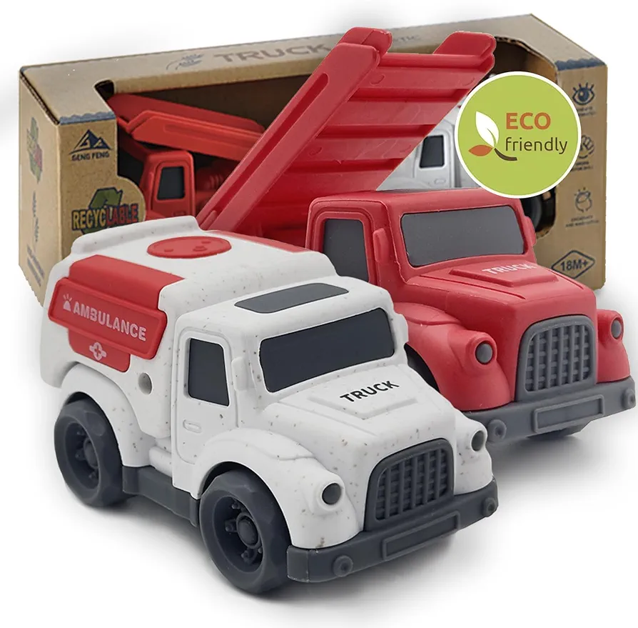 Toddler Car Toys for 1-3 Year Old, Fire Truck, Ambulance, PVC, BPA Free, Phthalates Free, Easter Christmas Birthday, Dishwasher Safe, Recycled Plastic, Gifts for 2 3 4 Year Boy Girl.