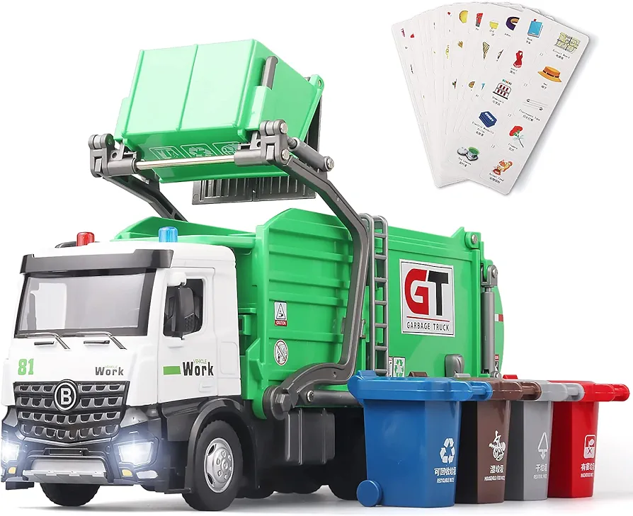 Garbage Truck Toys for Boys，Garbage Truck Toys Metal Diecast, Friction Powered Toy Garbage Truck with Light and Sounds,Garbage Truck with Front Loader Dumpster，Garbage Trucks for Boys Age 4-7