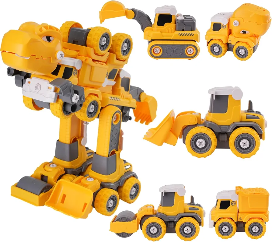 5-in-1 Take Apart Construction Vehicles Transform into Dinobots Play Set, Rex Dinosaur Transformer Toys for Boys 3-5 4-6, Car Robots Gift with Lights & Sounds for Kids Toddlers Age 3+