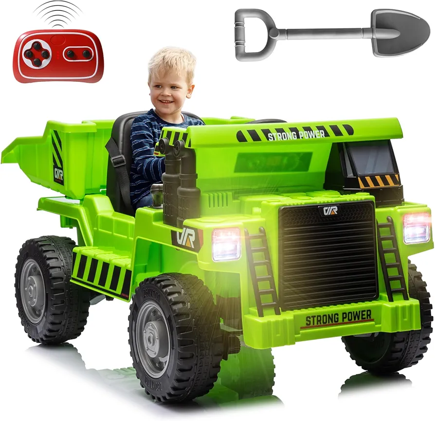 12V Kids Ride on Dump Truck Car for Girls Boys Electric Construction Vehicles Remote Control Battery Toys Power 4 Wheels Toddler Car with Shovel 2 Speeds Bluetooth MP3 Music(Green)