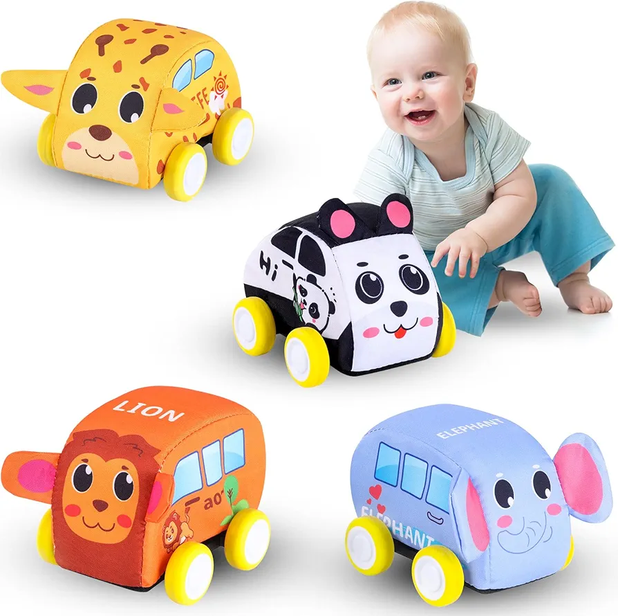 Pull Back Vehicle Set - Soft Baby Toy Set with 4 Cute Animal Cars, First Birthday Gifts for Toddler Toys Age 1-3