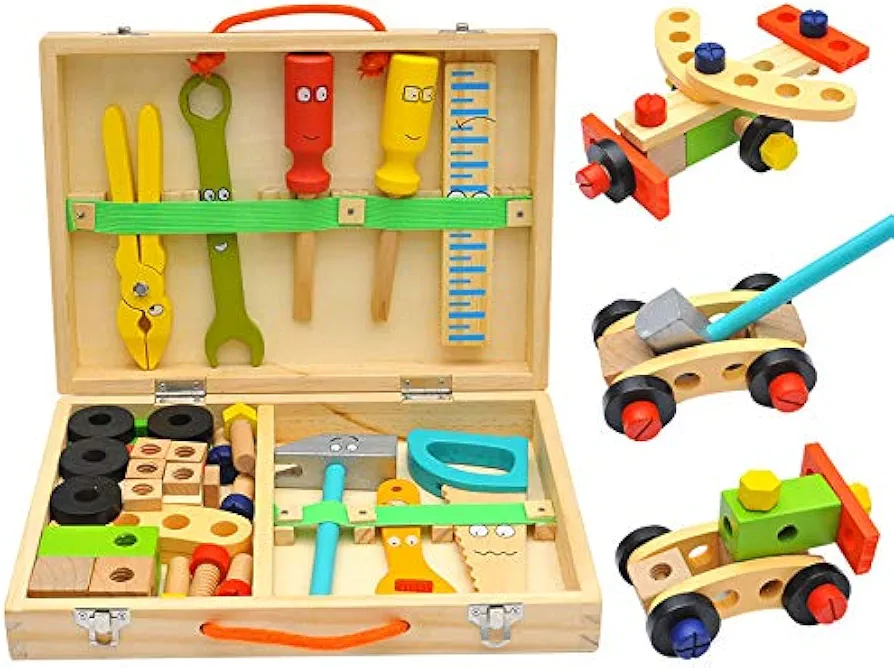 Kids Tool Kit Wooden Toddler Tools Set Including Tool Box & DIY Stickers,34Pcs Montessori Educational STEM Construction Toys for 2 3 4 Year Old Boys Girls Birthday Gifts Tool Kit for Toddler Toys 2-3…