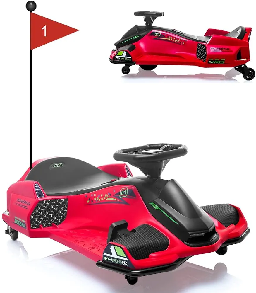 24V Ride on Drift Car,7Ah Battery 180W Brushless Motor Kids Electric Drifting Go-Kart for Rider up to 110 lbs, with Music,Front+Tail LED Light,Low-Power Alarm (Red)