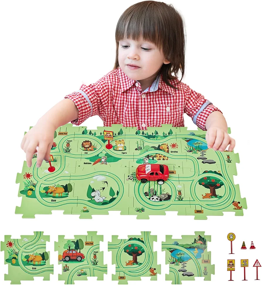 SGILE 8 PCS STEM Road Builder Puzzle for Kids Age 3+, Toddler Race Logical Brain Teaser Maze Board Game with Car, Early Learning Floor Play Set Toys for Boys Girls 3 4 5 6 7 year old Gift(Forest)