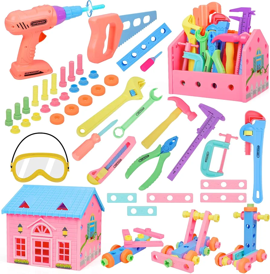 Kids Tool Set Pretend Play Construction Toy Kits 80 PCS Toddler Tool Set with Toy Drill and Tool Box Colorful Accessory Toy Tools Playset for Kids Boys Girls Ages 3,4,5,6,7 Years Old