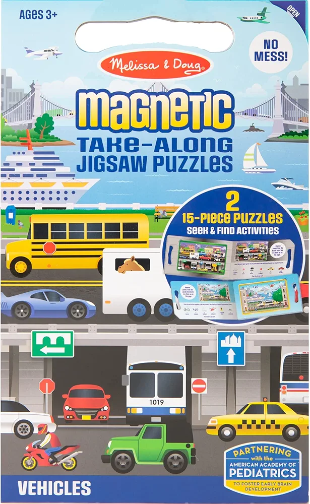 Melissa & Doug Take-Along Magnetic Jigsaw Puzzles Travel Toy Vehicles (2 15-Piece Puzzles)