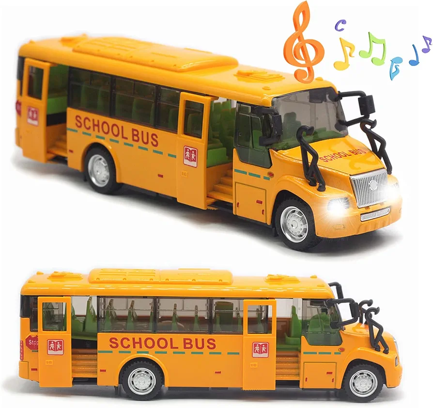 School Bus Toy for Toddlers Pull Back Car Die Cast Metal Vehicle 1 32 Scale with Light Sound Openable Doors STEM Toy Birthday Children's Day Gift for Kids Age 3 4 5 6+ Boys Girls (Yellow)