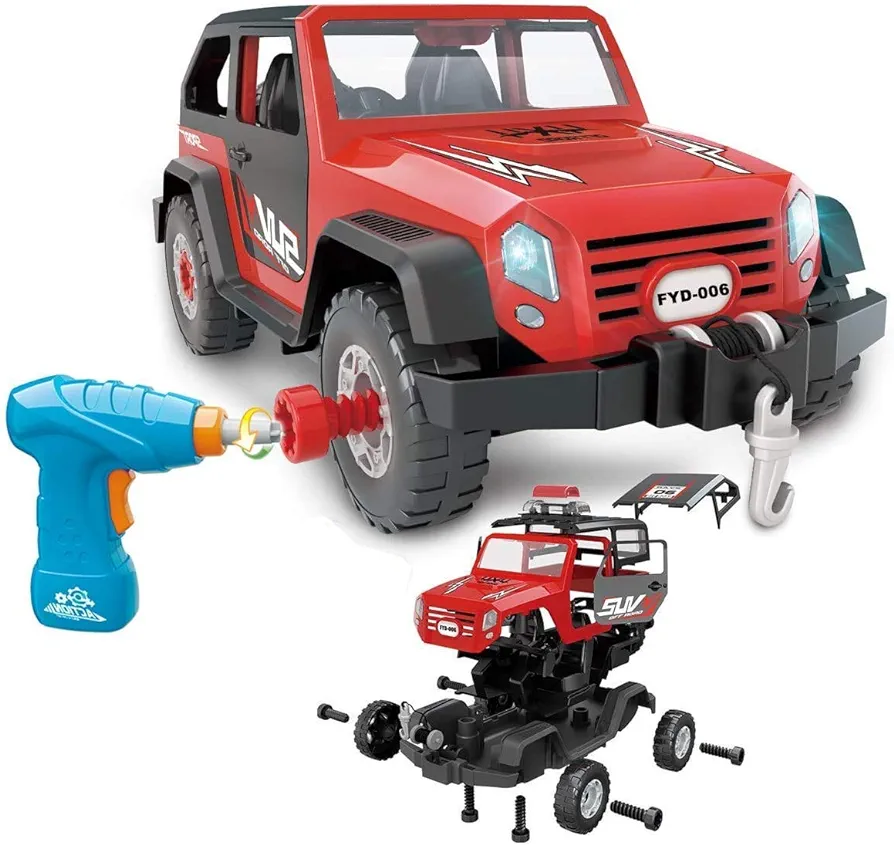 2in1 Take Apart Jeep Car STEM Learning Assembly Playset with Functional Battery-Powered Drill - Early Childhood Developmental Skills Construction Toy for Boys Kids Aged 3 and up