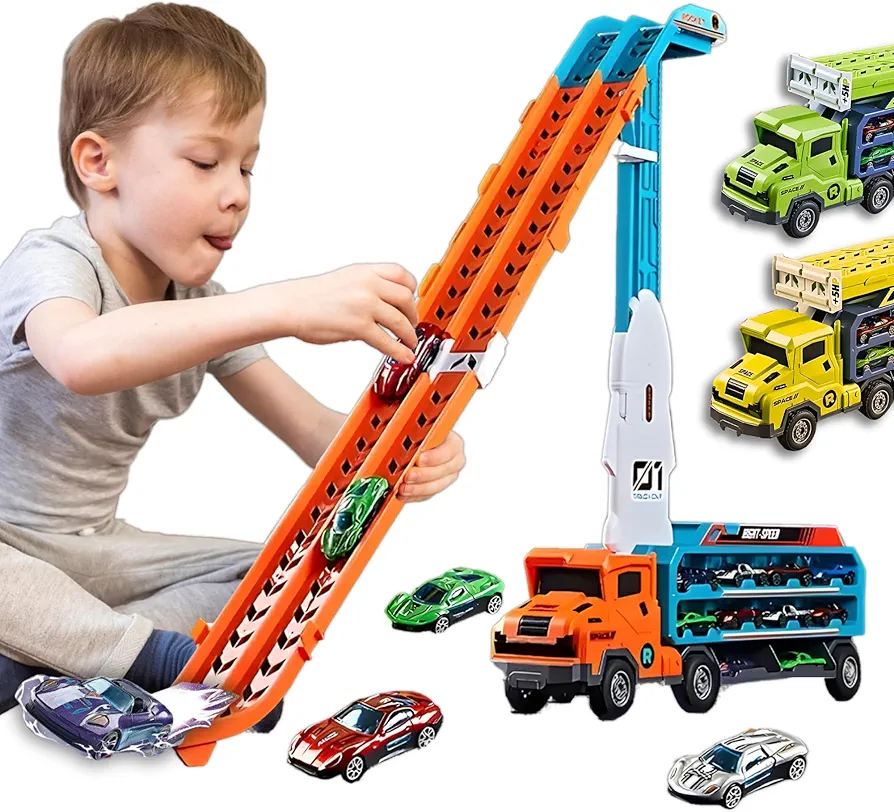 Hot Carrier Transport Truck Toys for Kids, 7-in-1 Big Storage Truck with Lift Dual-Racing Track, 6 Stylish Die-Cast Metal Racing Cars, Perfect Truck Toy Gift for 3 4 5 6 7 Years Old Boy Girl (Green)