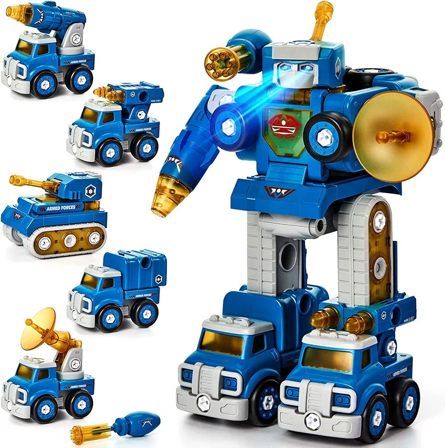 hahaland Toys for Ages 5-7 - 5 Year Old Boy Gift - 5 in 1 STEM Take Apart Trucks Transform to Robot - 5 6 7 Year Old Boy Birthday Gift - Boys Toys Age 4-6