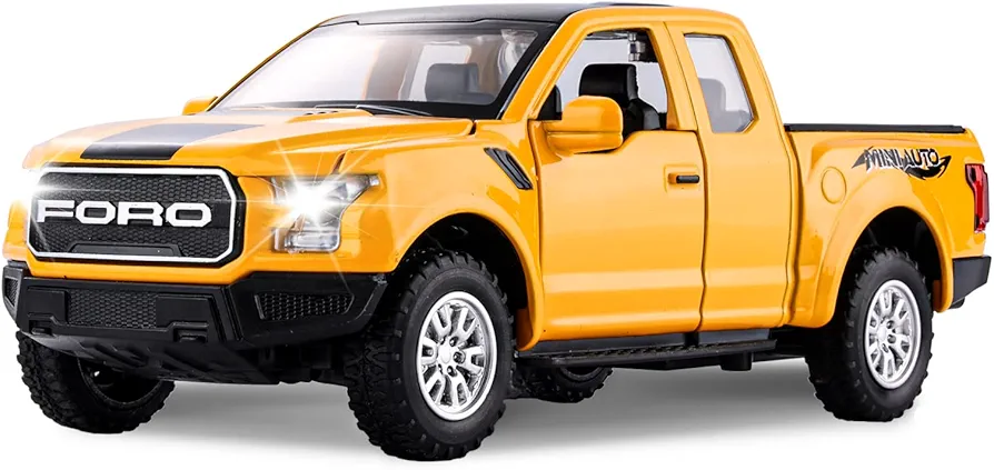 SASBSC F150 Pickup Truck Toys for Boys Age 3-8 Raptor Toy Trucks for Boy Ages 4-7 Diecast Metal Model Truck with Light and Sound Pull Back Toy Cars Gifts for 3+ Year Old Kids (Yellow)