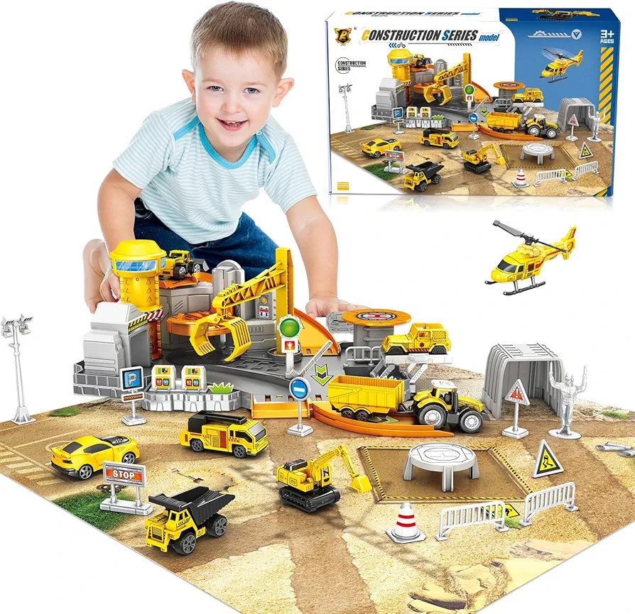 Toy Vehicle Playsets, Engineering Car Toy Set for Kids Ages 3-6 - with Construction Play Mat Helicopter Bulldozers Excavators Truck, Birthday for 3 4 5 6 7 8 Years Old Toddlers Boys Girls