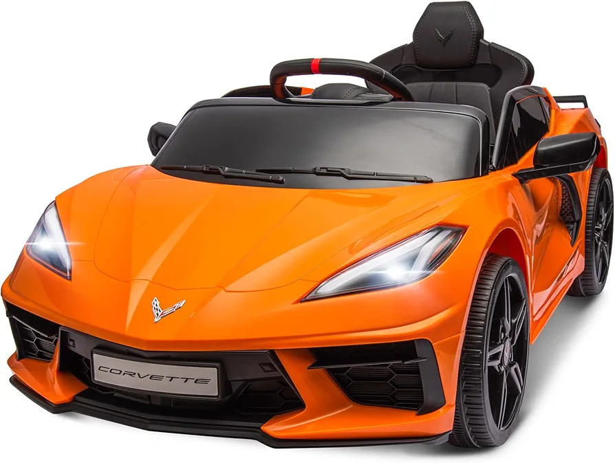 ENYOPRO Licensed Chevrolet Corvette C8 12V 7Ah Ride on Car with Remote Control, Electric Vehicle Ride on Toy Car with LED Lights, Music Player, Bluetooth, Soft Start, Gift for Kids Ages 3-6 (Orange)