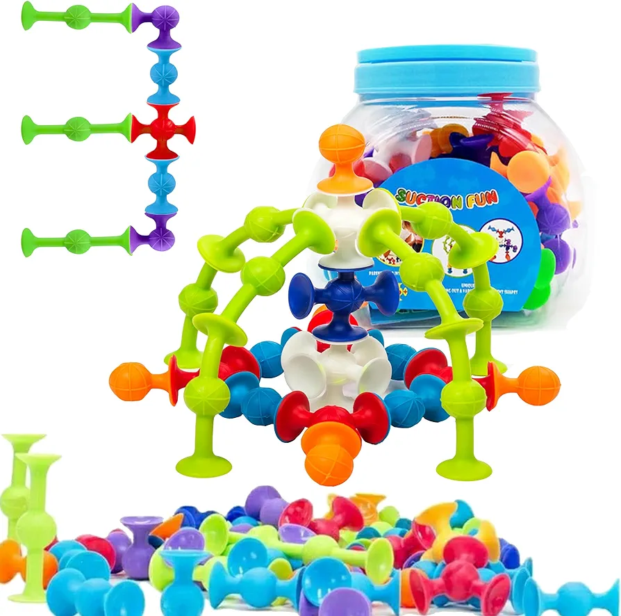 48 Piece Suction Cup Toys Construction Set - Silicone Building Blocks DIY Fun Bath Toys for Kids Ages 1-3, Toddler Travel Toys, Darts Sucker Toys with Toddler Road Trip Essentials