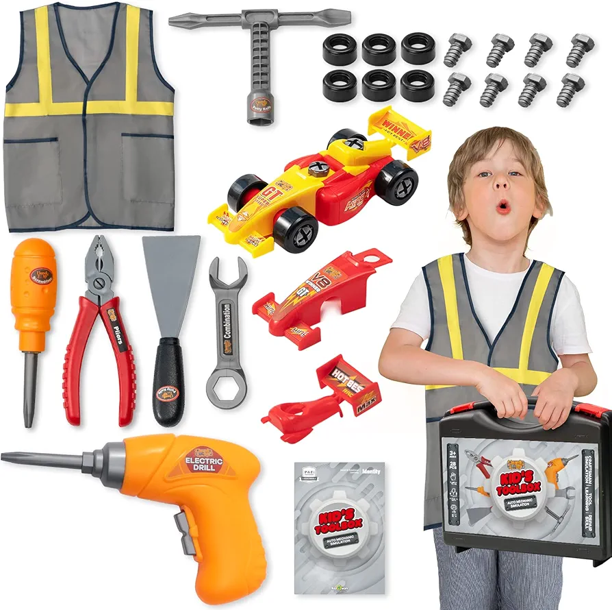 KidEwan Kids Tool Set with Electric Toy Drill, Toy Race Car Modification Construction Overalls Pretend Play Tools Kit, Educational Gift for Kids Boys Girl Ages 3+