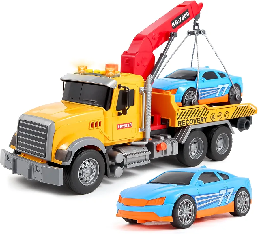 Kids Truck Toys for 3 4 5 6 7 Years Old Boys, 15" Large Tow Truck Toy Transport Truck Crane Toy with Roadster, Toddler Trucks Toy Car Boy Toys Birthday Gifts for Boys 3-5 with Lights Sounds