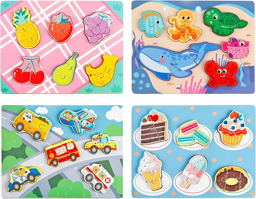 Wooden Puzzles for Toddlers 1-3 Ages, 4 Pack Toddler Puzzles Sea Animals Foods Car, Learning Preschool Educational Toys Gifts, Kid Jigsaw Puzzles for Girls and Boys