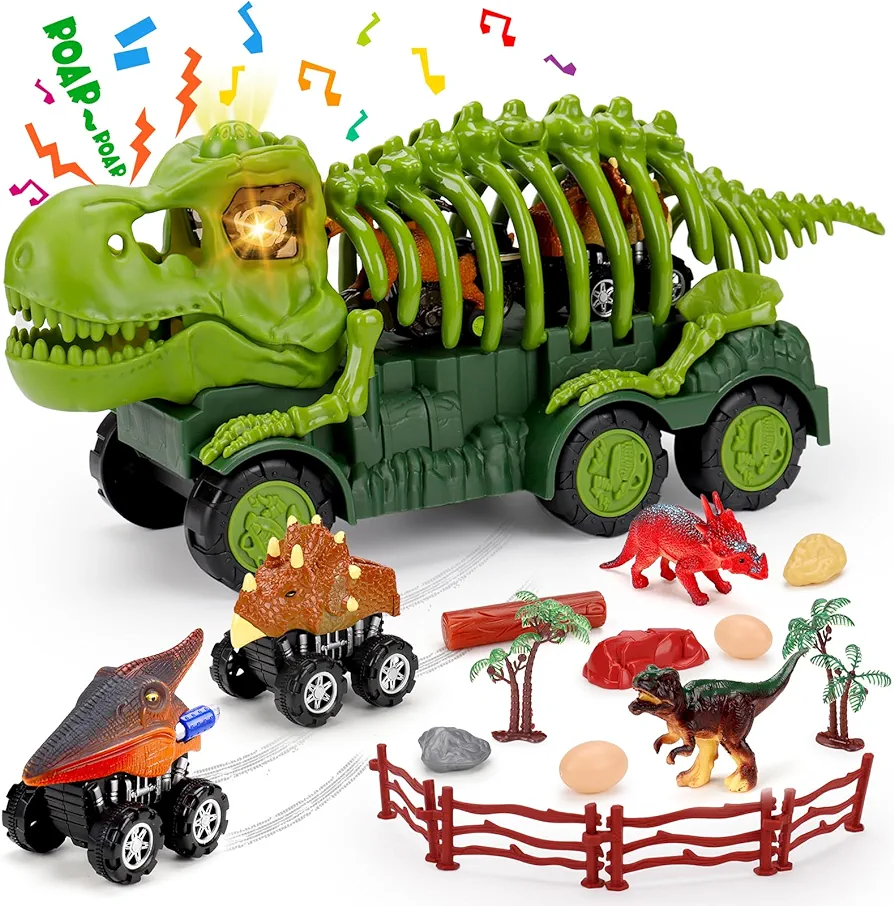 Dinosaur Trucks Toys for 2+ 3 4 5 6 Year Old Boys Birthday Gift Transport Carrier Car Vehicles Toddlers 3-5 with Sound Light, Dino Figure& Eggs Monster Truck Game Dinosaur Play Set for Kids 4-6 Girls