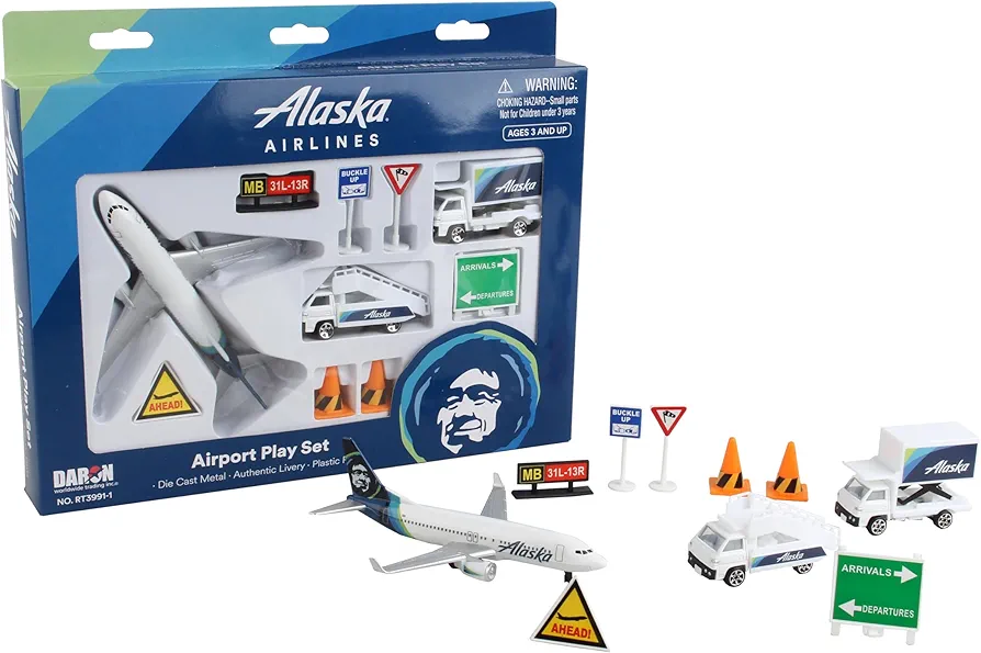 Daron Alaska Airlines Airport Playset with Die-Cast Metal Model Airplane with Plastic Parts, Cars and Transportation Toys for Kids Ages 3+