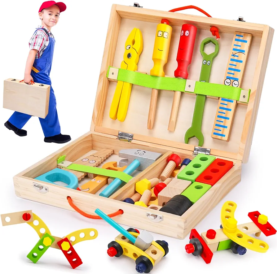 Wooden Tool Set for 2 3 4 5 6 Year Old Boy Girl 35 Pcs Montessori Tool Kit Box Toys Toddler Age 1-3 3-5 Educational STEM Autism Building Construction Creative Learning Game Kids Birthday Gifts Present