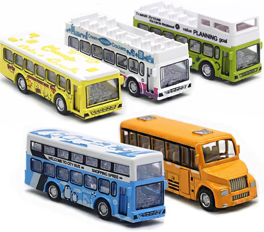 School Bus Toys Cars Set Die Cast Metal Toy Cars Double Decker City Bus Vehicles, Openable Doors, Pull Back Cars Play Toys for Birthday Gift Vehicle