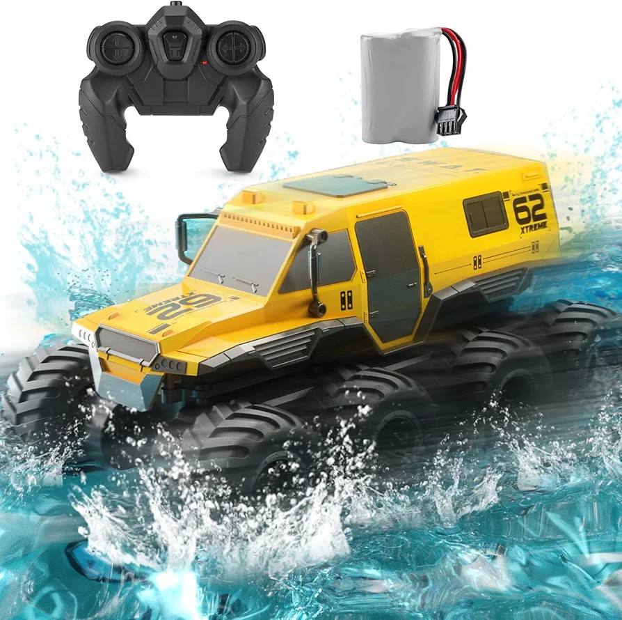 8WD Amphibious Monster Truck, 2.4G Off Road Waterproof 1:12 Big Remote Control Car for Boys, All Terrain RC Cars Toys for 7 8 9 10 11 12 Year Old Boys/Girls, Gift Birthday Christmas-Yellow