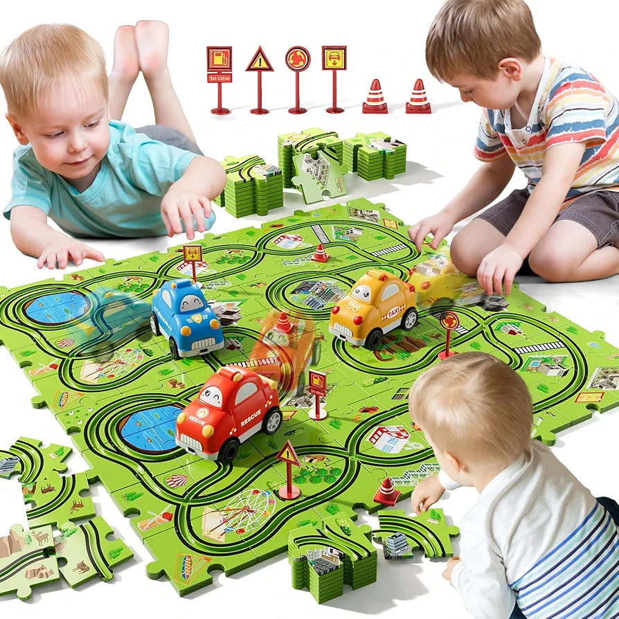 Bennol Toddler Toys Gifts for 2 3 4 5 Year Old Boys, 73 Jigsaw Puzzle Race Track Car Set Toys for Kids Boys Toddlers 1-3 2-4 3-5 4-6, Puzzle Tracks Car Toys Gifts for 2 3 4 5 Year Old Boys Kids