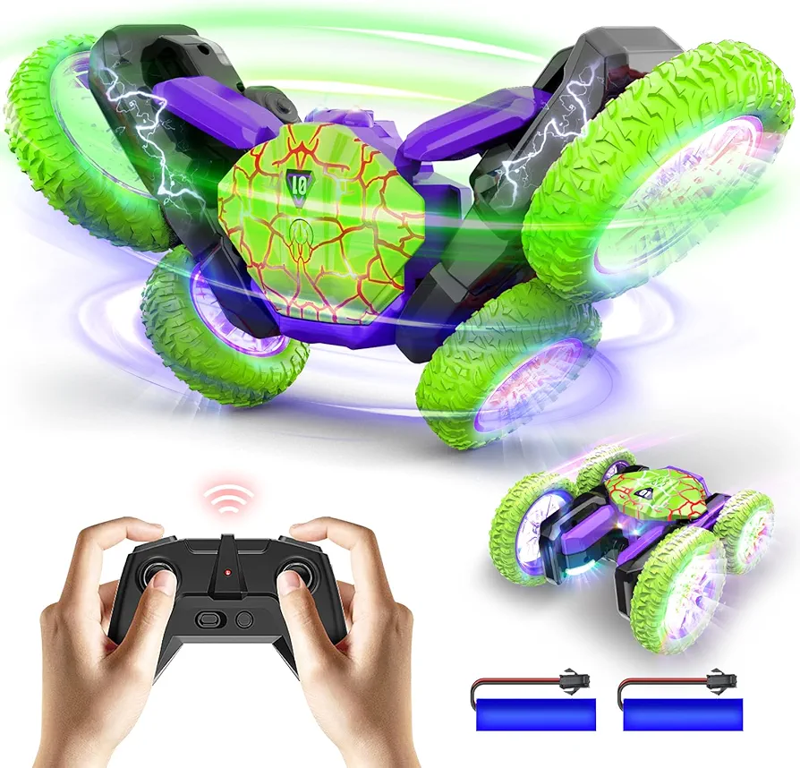 Remote Control Car for Boys Ages 4-7, Double Sided RC Stunt Car, 360°Rotating 4WD RC Cars with Cool Light 2.4Ghz Rechargeable Toy for Boys Ages 3 4 5 6 7 8 9 Birthday Xmas Gift, Green