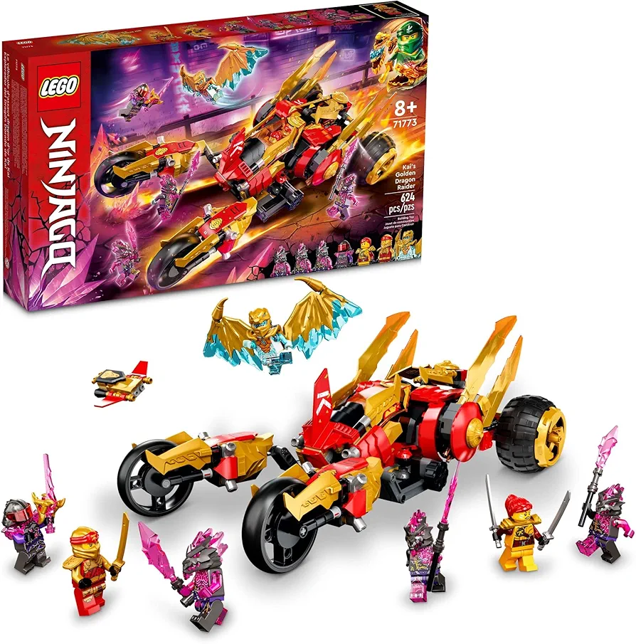 LEGO NINJAGO Kai’s Golden Dragon Raider Multi-Terrain Car Toy 71773 with Kai and Zane Minifigures, Building Set for Kids Ages 8 Plus