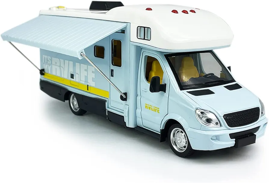 Toy Camper RV Motorhome Toys for Boys Girls Diecast Metal Vehicle Pretend Play Pull Back Model Car Doors & Awning Open Light Sound Age 3 4 5 6 7 8 Kids Toddlers Birthday Gifts, Blue