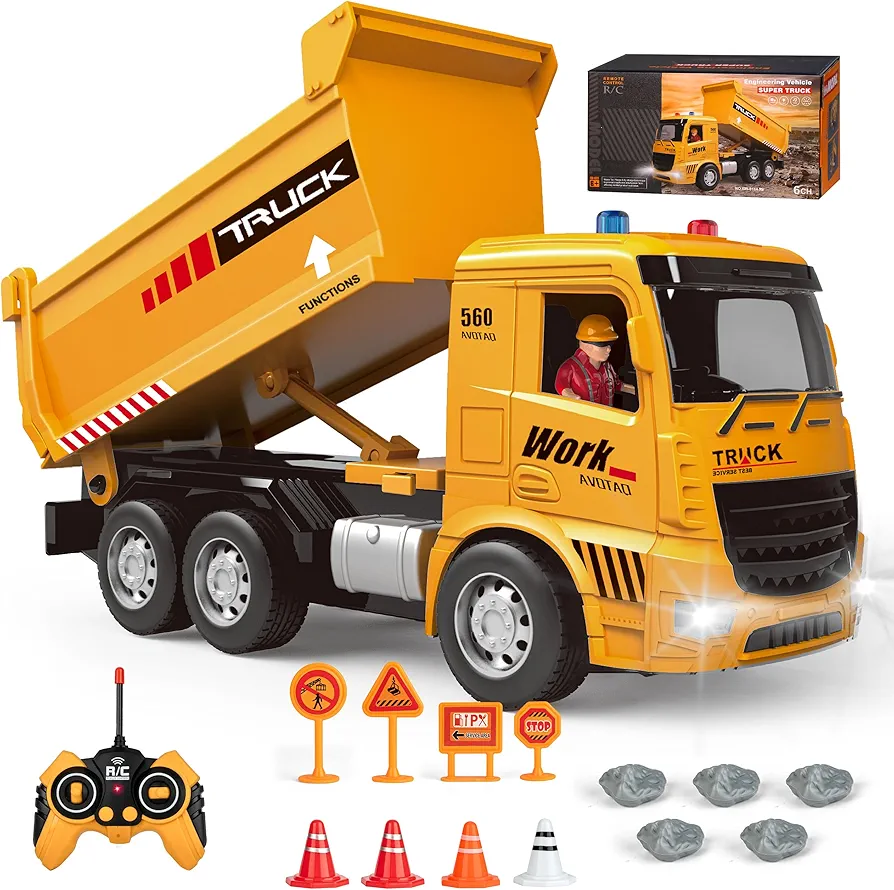 Kids-Toys for 3 4 5 6 Years Old Boys, Remote Control Dump Truck Toy with Activity Barricade, Rechargable, Construction-Car-Vehicle Toddlers-Toy for 6 7 8 9 Year Old Boys and Girls