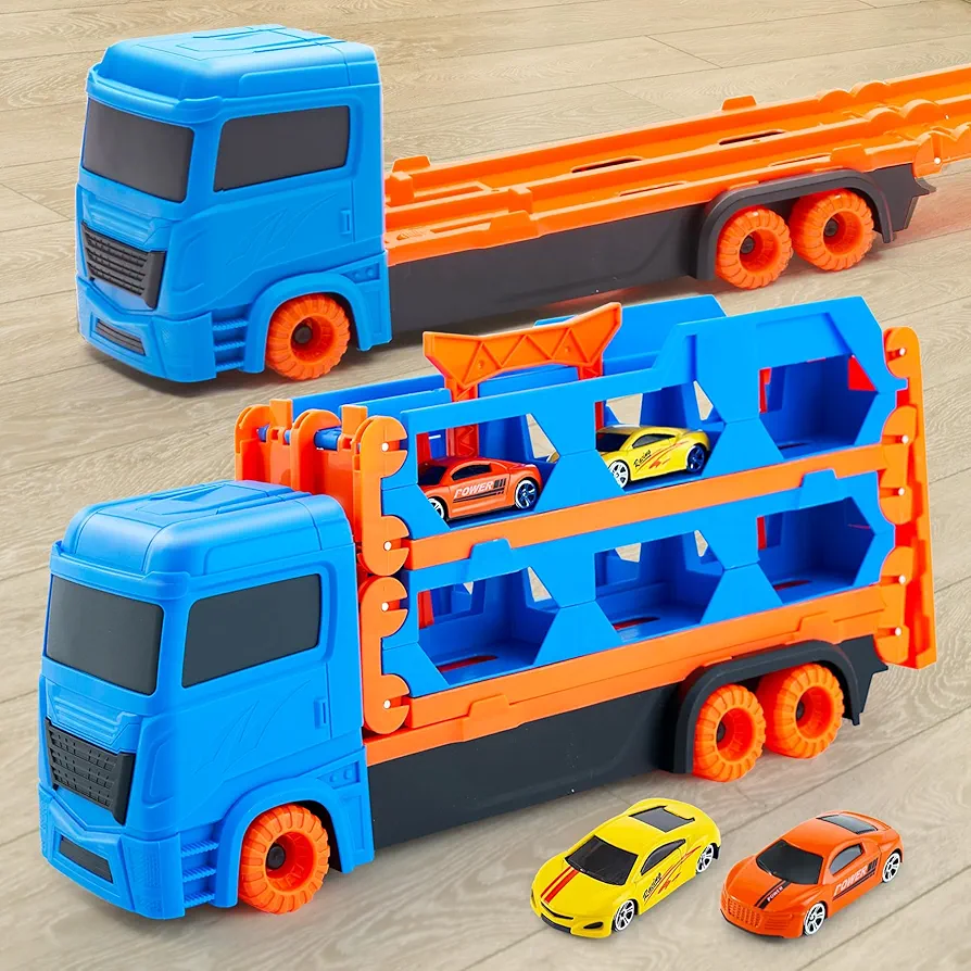 Toddler Toys for Hot Wheels Track Kids Truck with Foldable 61 Inch Race Track Die-Cast Transport Truck 2 Dual Rail Ejection Device Toddler Car Toys Track Set for Kids Boys Girls 3 4 5 6 Year Old