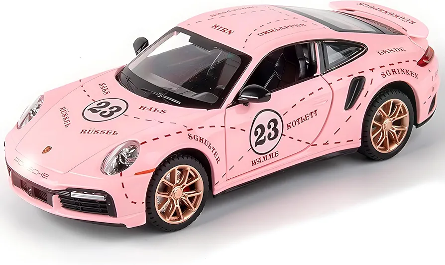 Toy Car Model Porsche 911 Turbo S Car Ornaments, Alloy Diecast Car Toy with Display Base, Pull Back Car Toys with Light & Sound for Kids Age 4-8 Girls Gift Pink