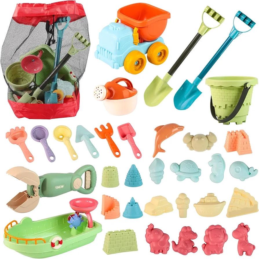 Beach Toys for Toddlers 34PCS Sand Toys with Mesh Panel, Sand Castle Molds with Bath Boat, Shovel and Rake, Kids Beach Toys Sandcastle Building Kit Travel Toys Sandbox Toys for Kids 3-10