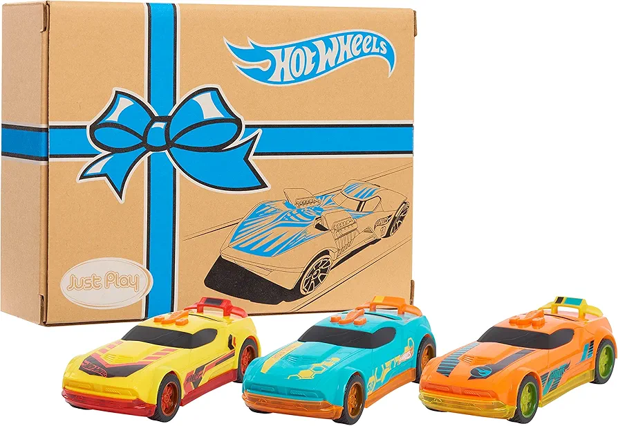 Hot Wheels Glow Riders 3-Pack Set, Red Teal and Yellow Toy Cars with Lights and Sounds, Kids Toys for Ages 6 Up by Just Play