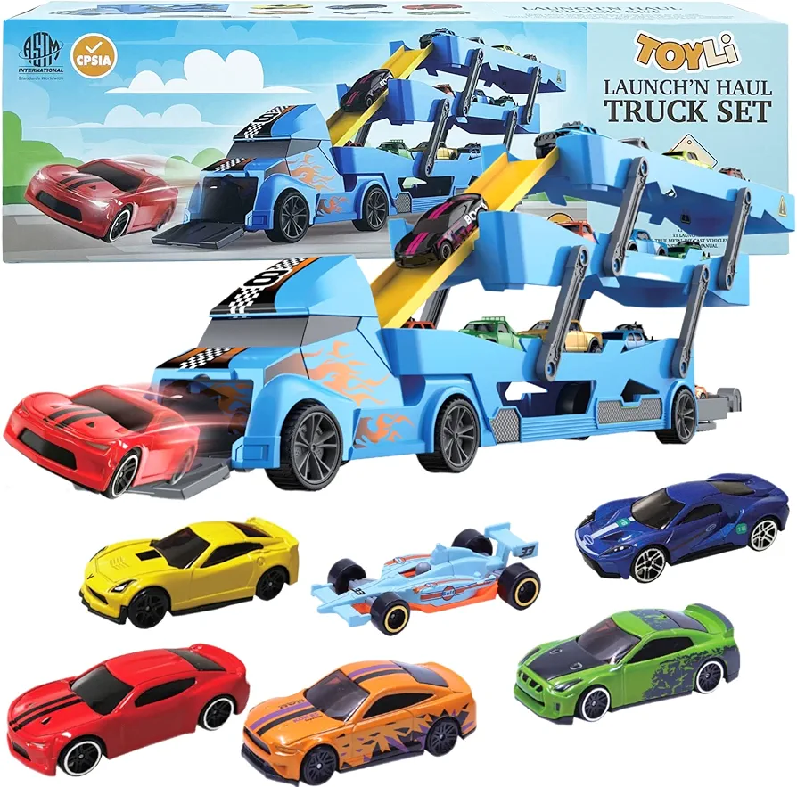 7 in 1 Toy Car Hauler - Semi Truck Toy Cars for Kids Ages 4-8 Boys Toddler Cars to Drive