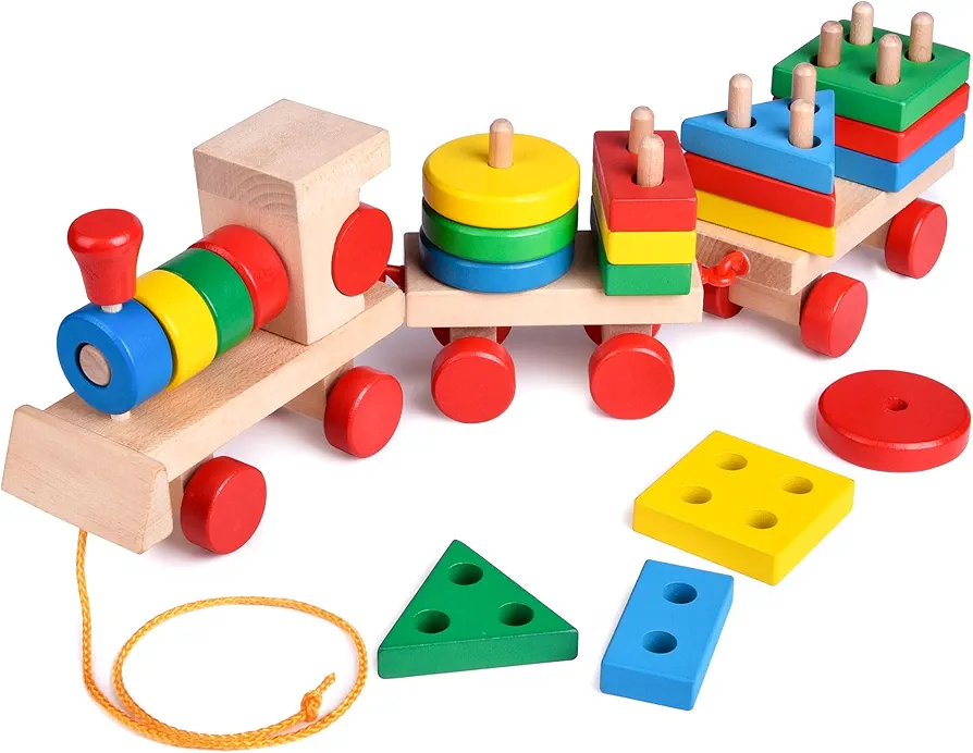 FUN LITTLE TOYS Stacking Train, Shape Sorter Wooden Toys(23 pcs), Sorting & Stacking Toys for Toddler 2-3, Montessori Toys for 1 2 3 Year Old Boy Girl Gifts, Kids Wooden Train Toy