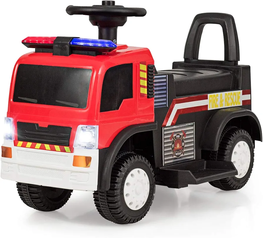 Costzon Kids Ride On Fire Truck, 6V Battery Powered Electric Vehicle w/Siren Headlights, Horn, Music, Moving Forward/Backward, Fire Secure Ride on Toy for Toddler Boys & Girls (Red)