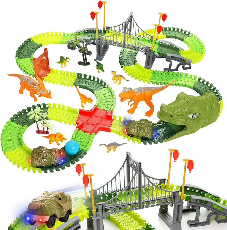 BEMITON Dinosaur Toys Race Car Track, Create a Dinosaur World Road Race, Flexible Dinosaur Track toys set, Christmas Birthday gifts for 3 4 5 6 7 Years Old Boys Girls Kids