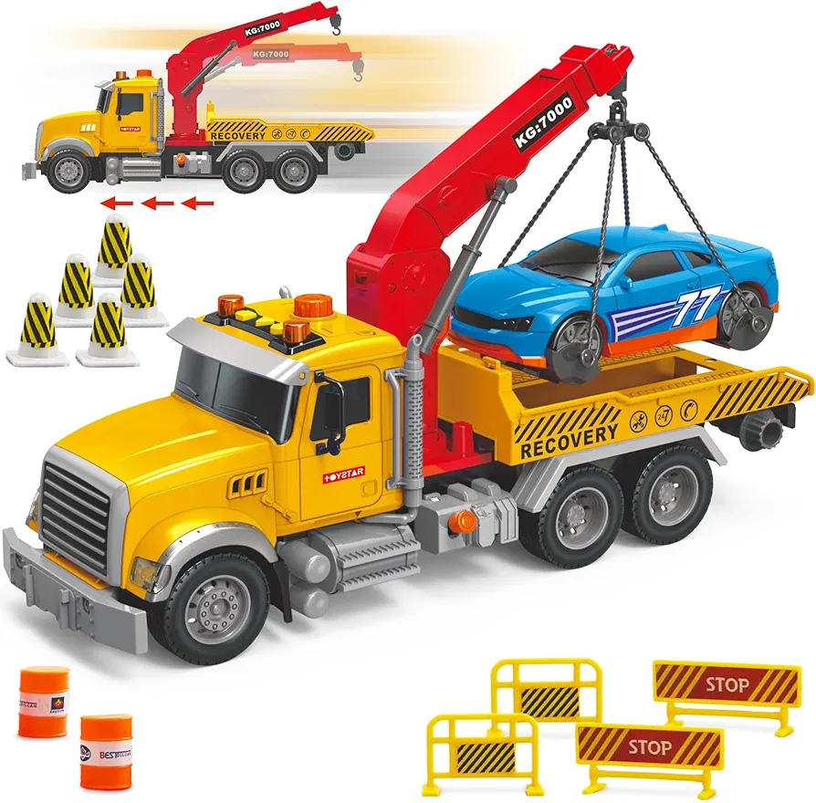 Tow Truck Toy Flatbed and Crane with Race Car Playset - Large 15" Toys Rescue Vehicle w/Friction Push & Go, Lights & Sounds, Birthday Gift for Kids, Toddlers, Girls, Tow Truck Toys for Boys Ages 3-8