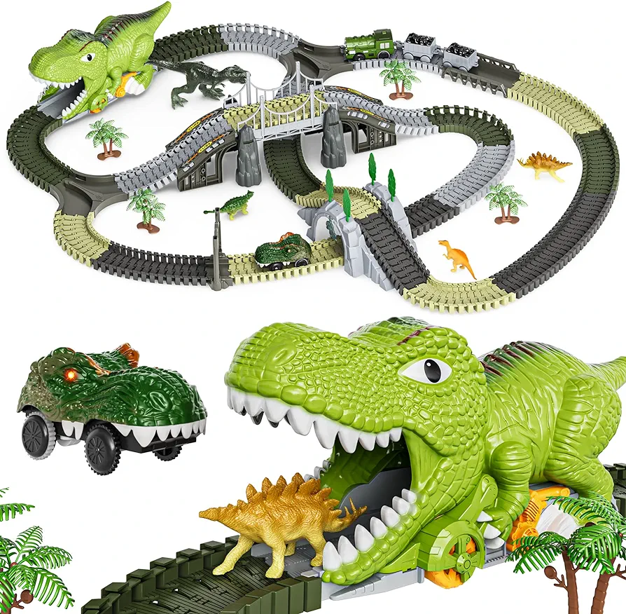 TUMAMA Dinosaur Toys Race Track, 281 Pcs Dinosaur Train Set for Kids 3-5 5-7, Flexible Train Tracks with 4 Dinosaurs Figures, 2 Electric Race Cars with Light, Create A Dinosaur Road Race for Toddlers