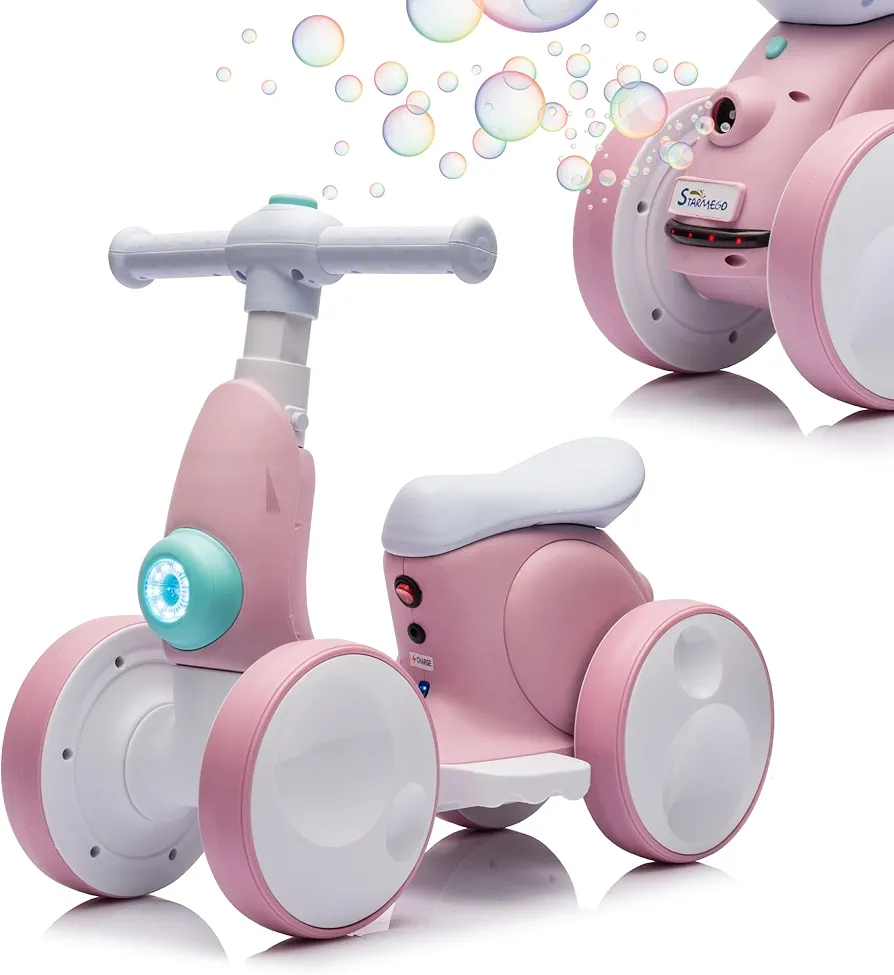 Electric Baby Balance Bike w/Parent Remote Control, 6V Battery Powered 4 Wheels Toddler Balance Bike w/Bubble Maker,4 in 1 Kids Ride on Motorcycle Toys for Ages 12-48 Months Boys Girls (Pink)