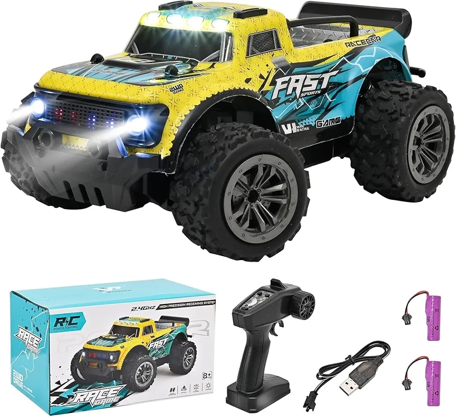 Remote Control Car - 1:18 Off Road Truck Hobby RC Cars for Boys Age 8-12 and Adults, All Terrain High Speed RC Trucks with Headlight, 2 Rechargeable Batteries, Toy Gift for Kids